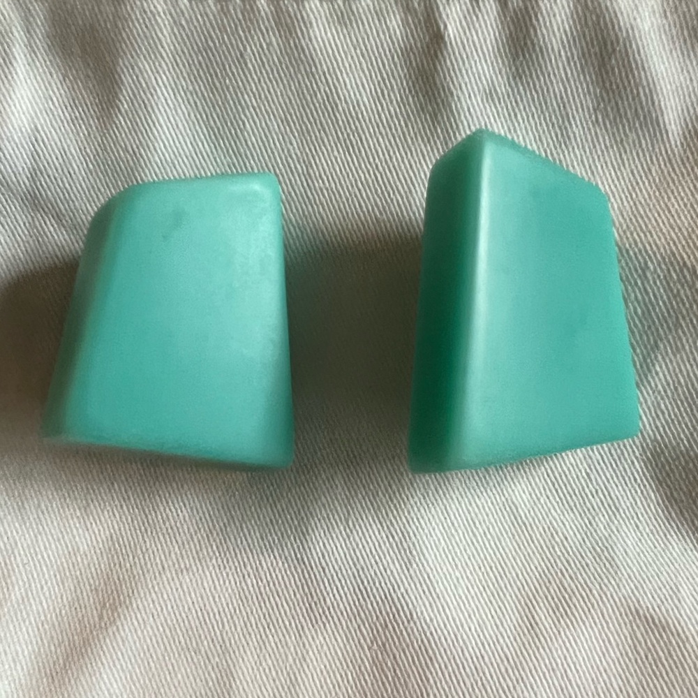 sold elsewhere 
Monies acrylic, turquoise-colored geo block clip-on earrings